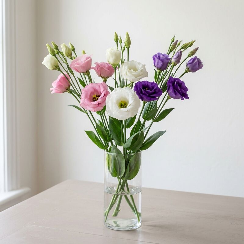 Lisianthus (Eustoma grandiflorum) cut stems in a glass vase