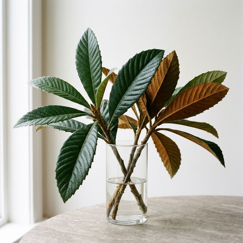 Steli recisi di Foglie di nespolo del Giappone (Eriobotrya japonica) in un vaso di vetro