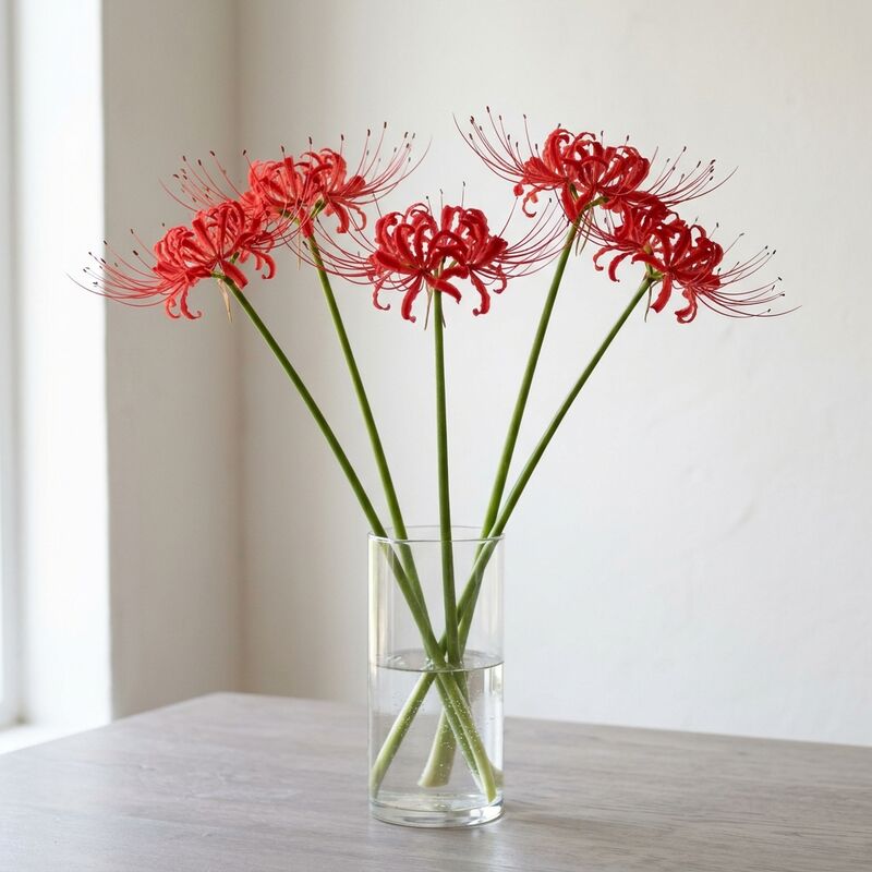 Schnittstiele von Rote Spinnenlilie (Lycoris radiata) in einer Glasvase