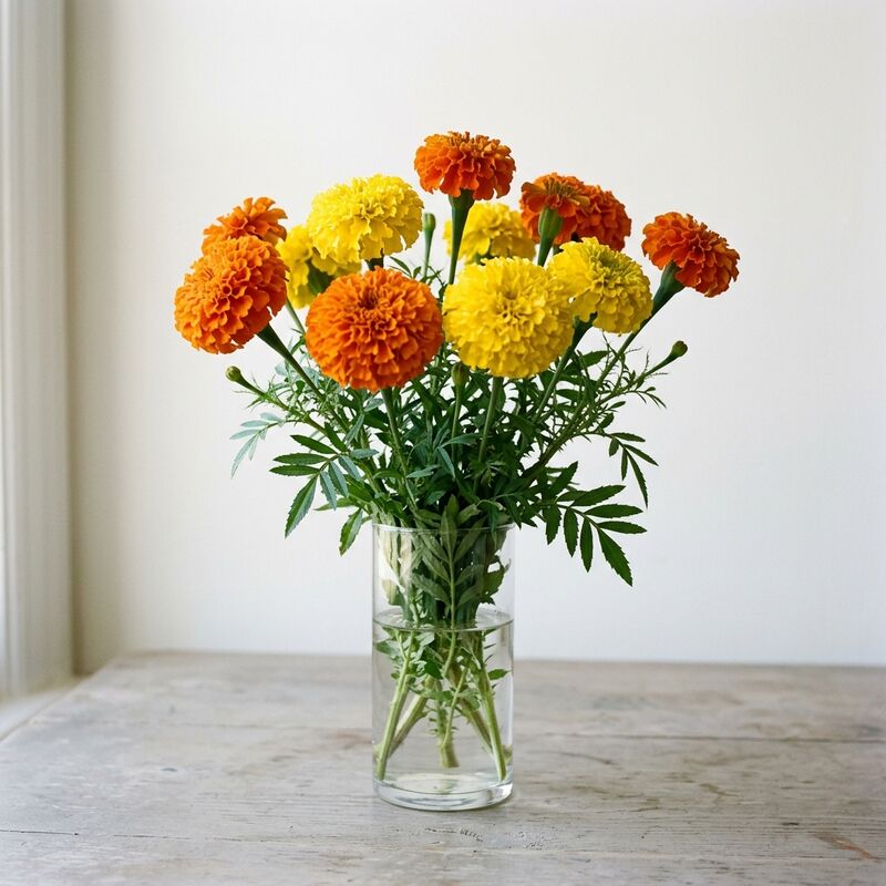 Schnittstiele von Tagetes (Studentenblume) (Tagetes erecta) in einer Glasvase