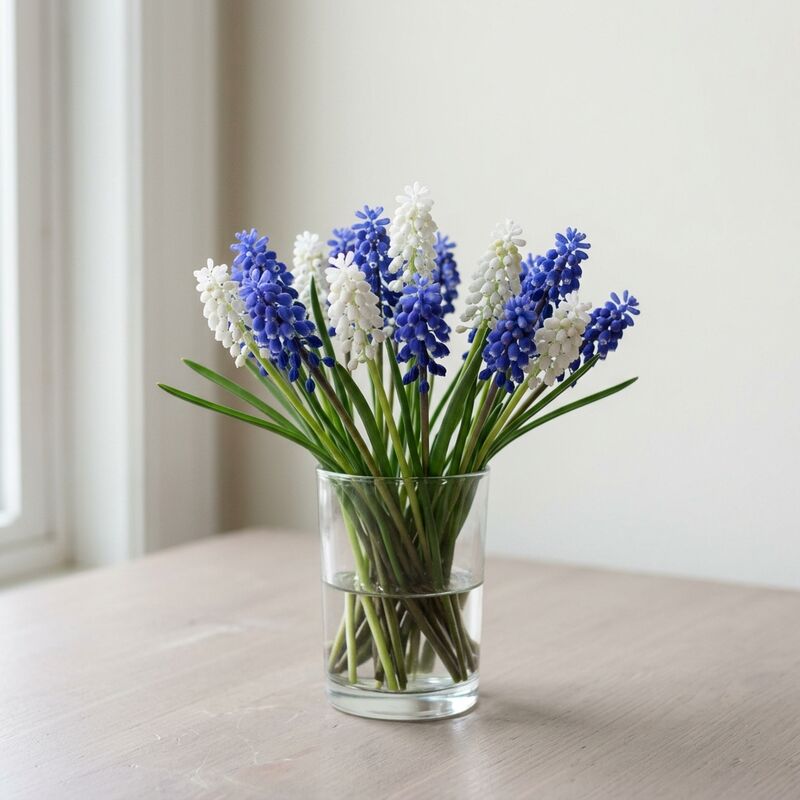 Muscari (Muscari armeniacum) en un jarrón de vidrio