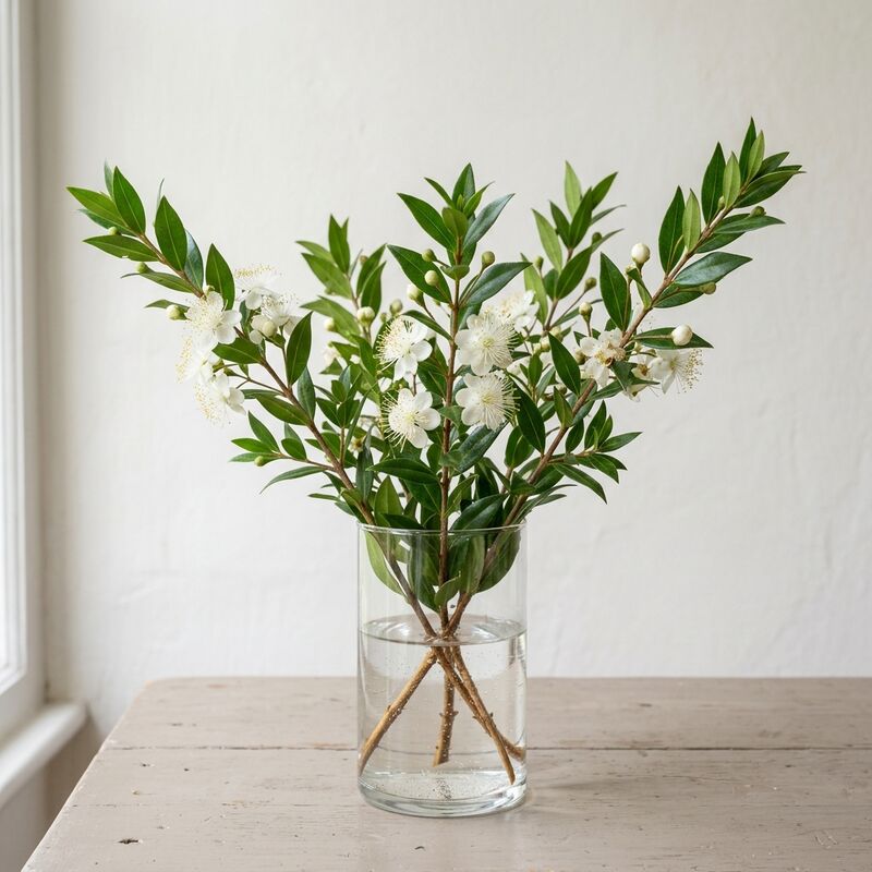 Schnittstiele von Myrte (Myrtus communis) in einer Glasvase