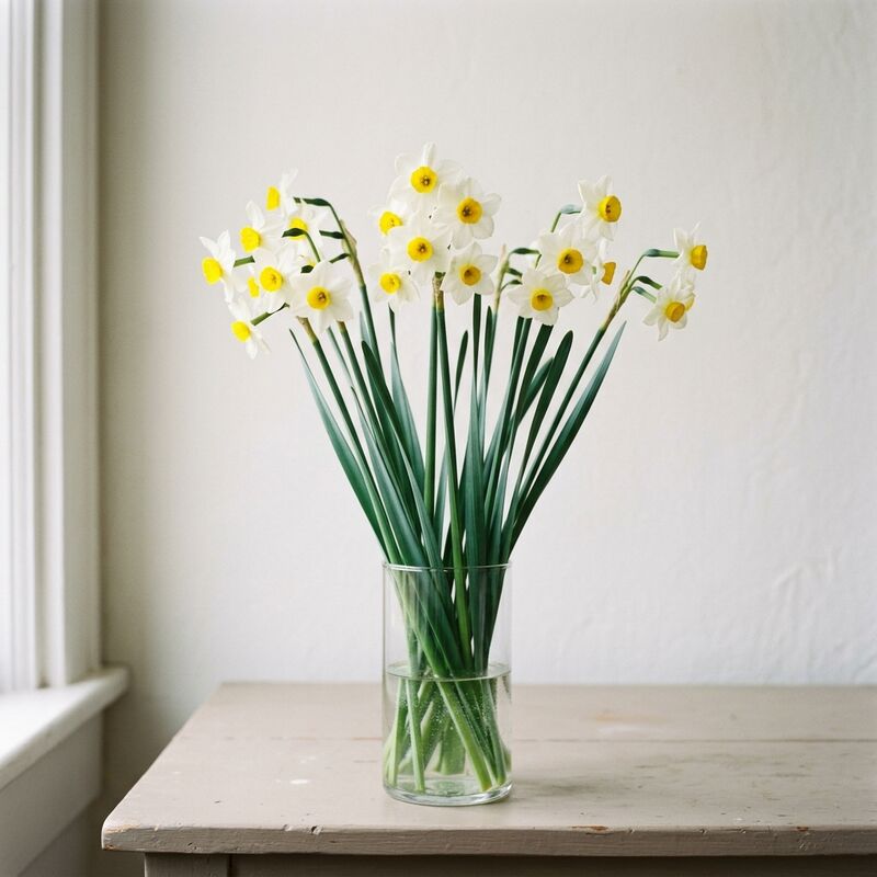 Schnittstiele von Narzisse (Narcissus) in einer Glasvase