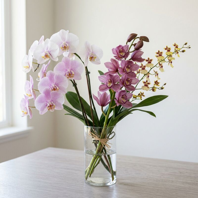 Orquídeas cortadas (Phalaenopsis, Cymbidium, Oncidium) en un jarrón de vidrio