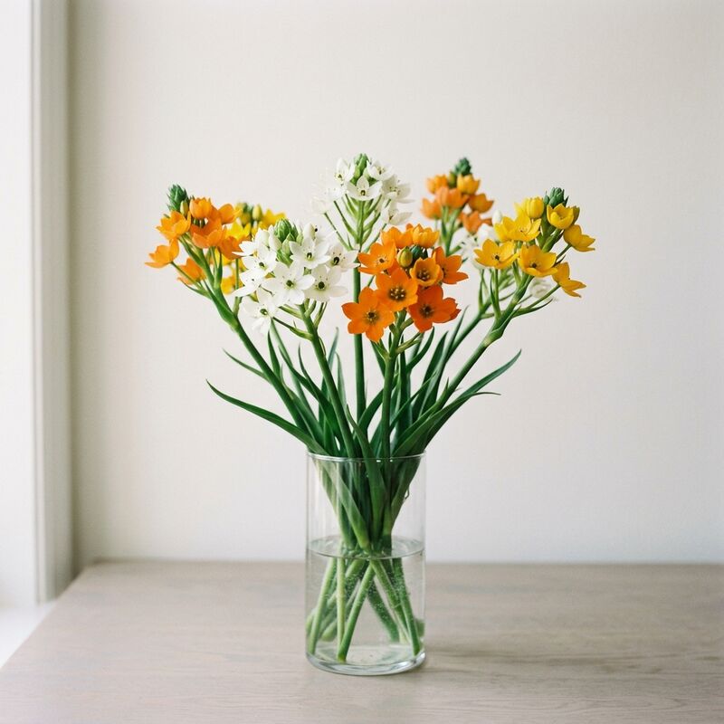 Schnittstiele von Milchstern (Ornithogalum) (Ornithogalum thyrsoides, O. dubium) in einer Glasvase