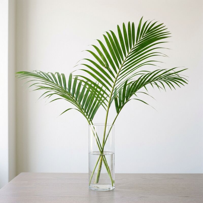 Schnittstiele von Palmblatt (Dypsis lutescens) in einer Glasvase