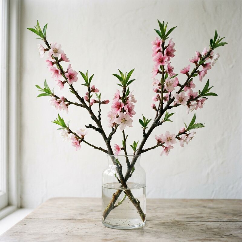 Schnittstiele von Pfirsichblüte (Prunus persica) in einer Glasvase