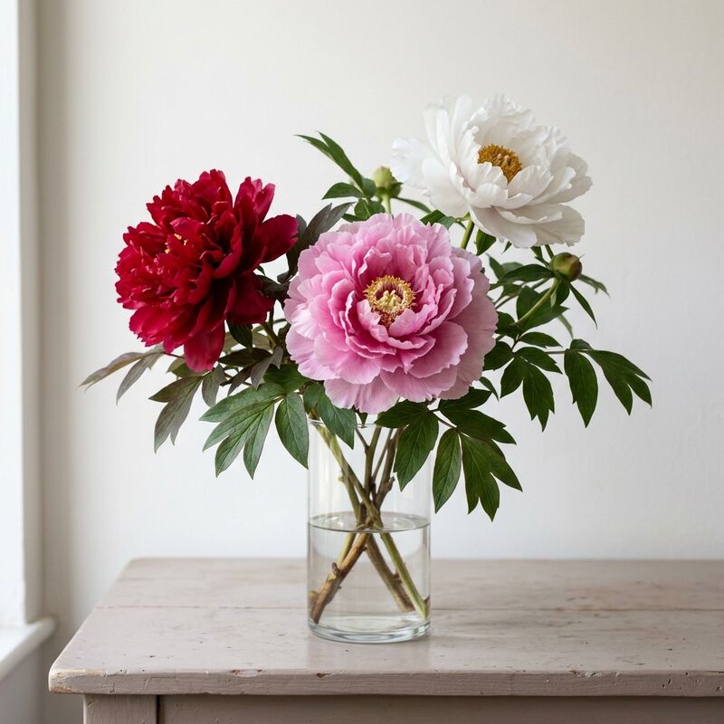Pivoine arbustive (Paeonia × suffruticosa) dans un vase en verre
