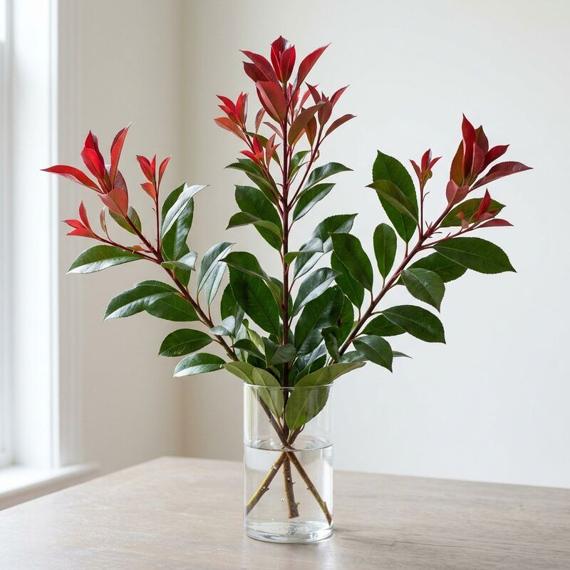Schnittstiele von Glanzmispel (Red Robin) (Photinia × fraseri 'Red Robin', P. serratifolia) in einer Glasvase