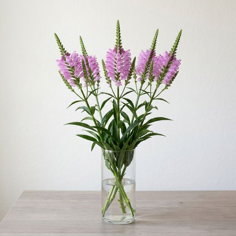 Steli recisi di Fisostegia (Physostegia virginiana) in un vaso di vetro