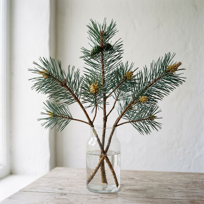 Branche de pin (Pinus) dans un vase en verre