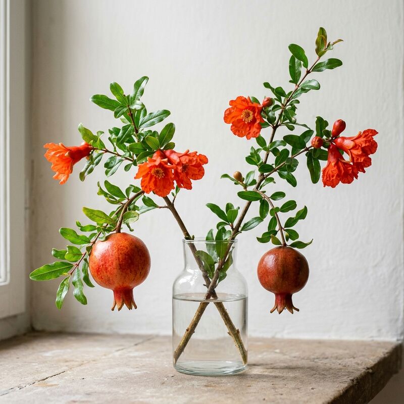 유리 꽃병에 꽂은 석류(Punica granatum)