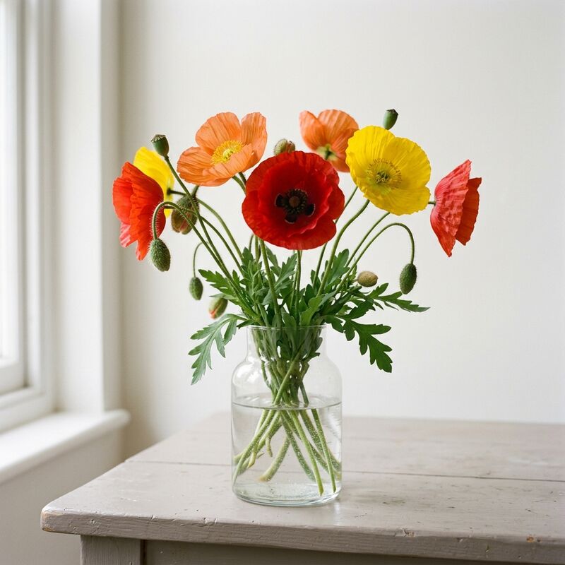 유리 꽃병에 꽂은 꽃양귀비(Papaver nudicaule, P. rhoeas)