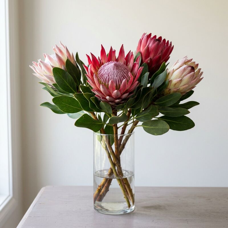 Schnittstiele von Protea (Königs-Protea) (Protea cynaroides) in einer Glasvase