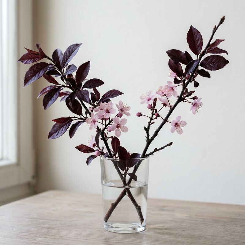 Steli recisi di Mirabolano rosso (Prunus cerasifera 'Pissardii') in un vaso di vetro