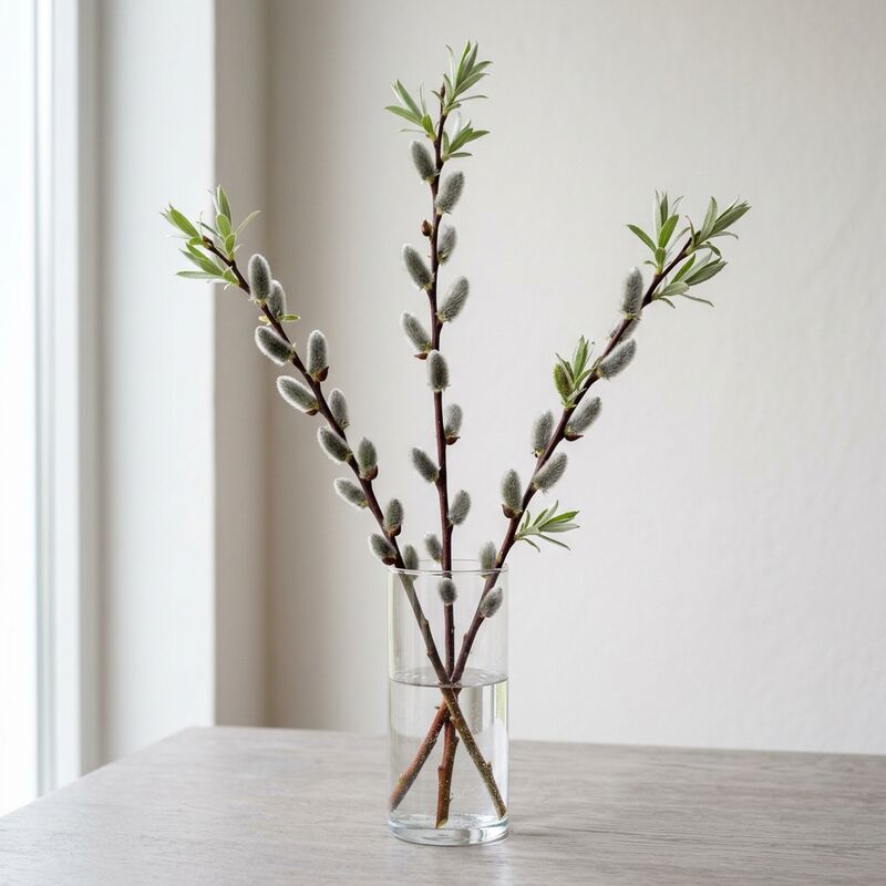 Steli recisi di Salice delle capre (Gattici) (Salix gracilistyla) in un vaso di vetro