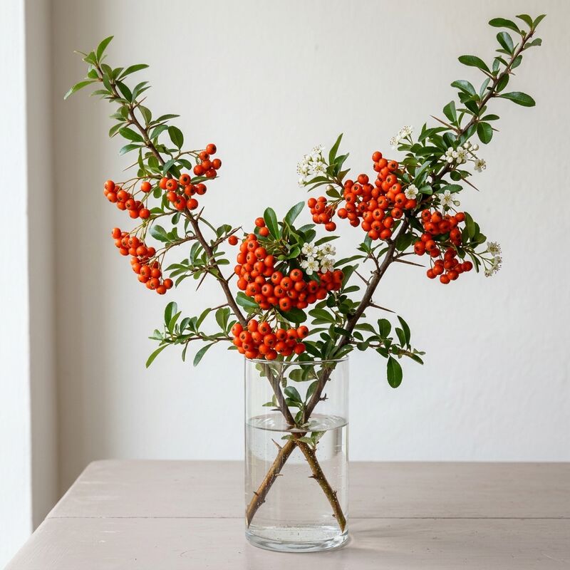 ガラスの花瓶に生けたピラカンサ(Pyracantha fortuneana)