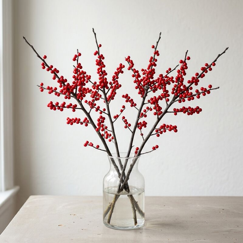 Schnittstiele von Korallenstrauch (Adenanthera/Ilex-Beeren) (Ilex verticillata) in einer Glasvase