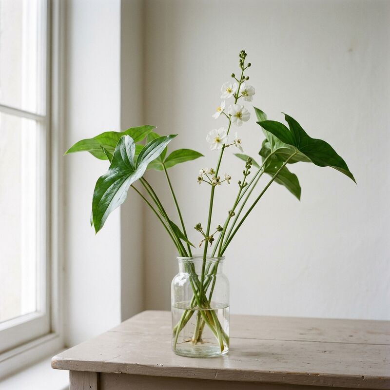 Saeta de agua (Sagittaria trifolia) en un jarrón de vidrio