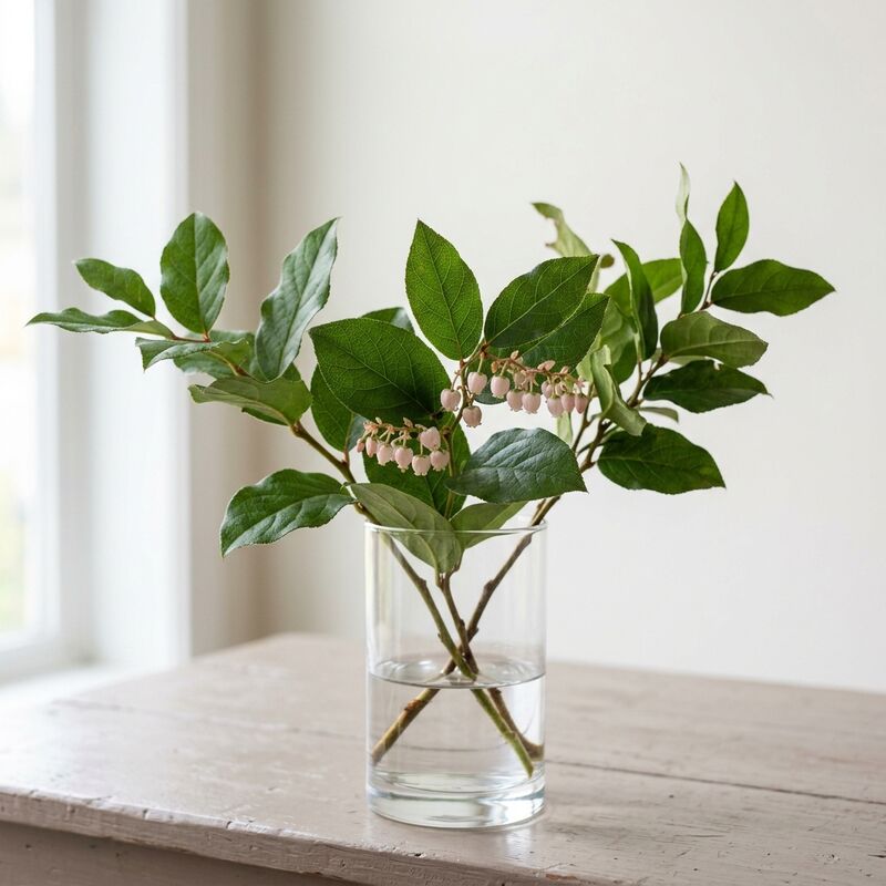Steli recisi di Salal (Gaultheria shallon) in un vaso di vetro