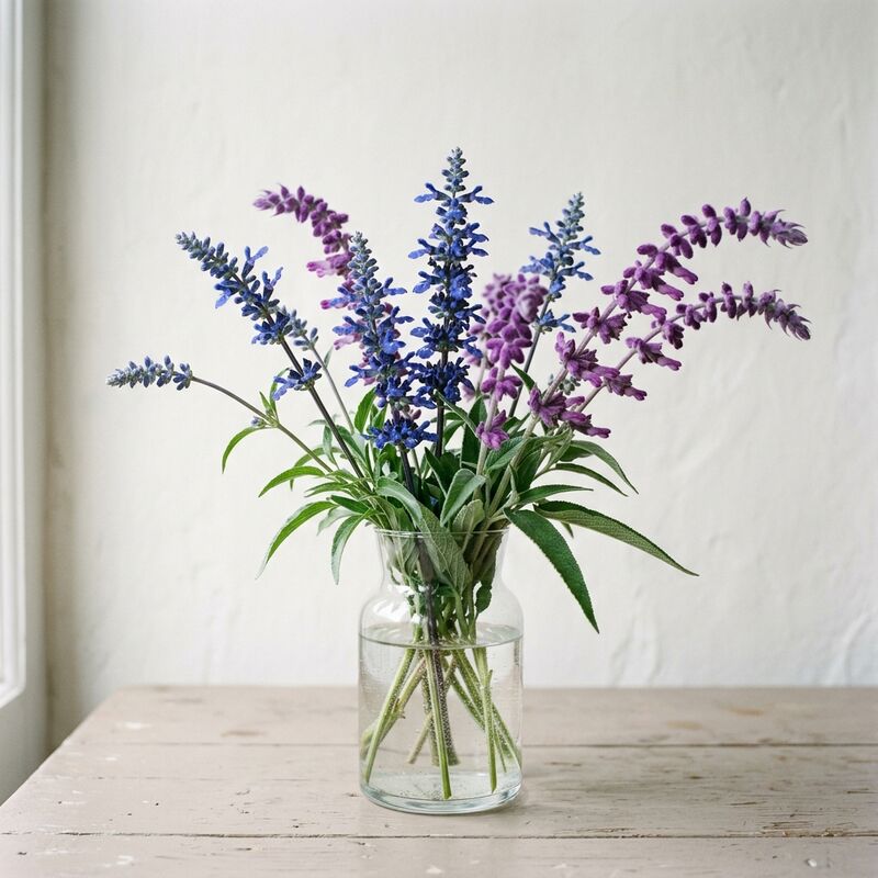 Schnittstiele von Salbei (Salvia farinacea, S. leucantha) in einer Glasvase