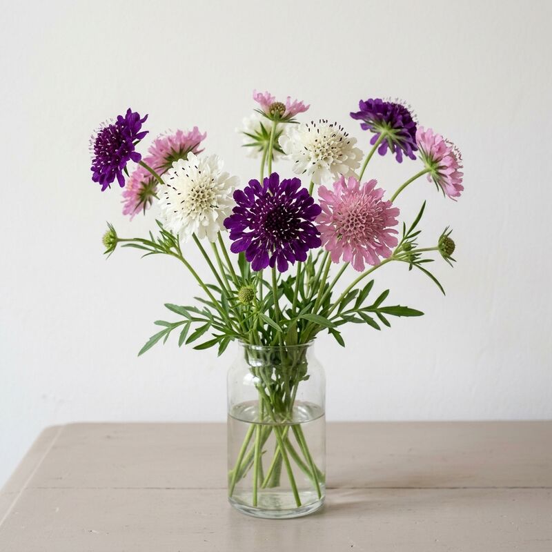 Escabiosa (Scabiosa atropurpurea, S. caucasica) en un jarrón de vidrio