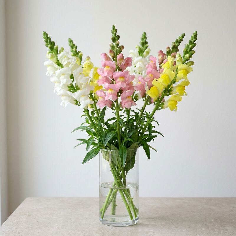 Schnittstiele von Löwenmäulchen (Antirrhinum majus) in einer Glasvase