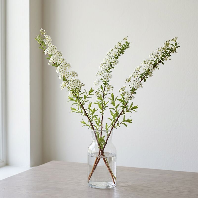 Schnittstiele von Spierstrauch (Spiraea) (Spiraea thunbergii) in einer Glasvase