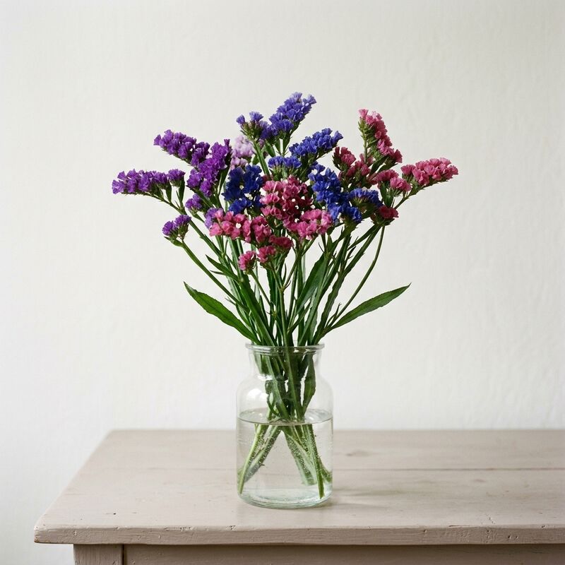 Schnittstiele von Strandflieder (Statice) (Limonium sinuatum) in einer Glasvase