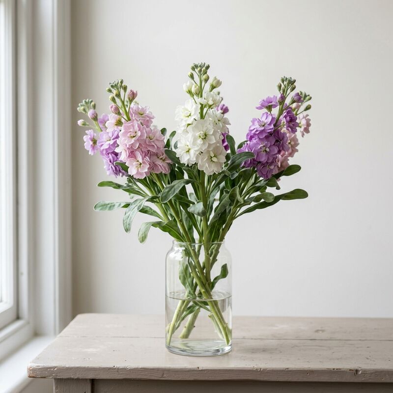 Steli recisi di Violaciocca (Matthiola) (Matthiola incana) in un vaso di vetro