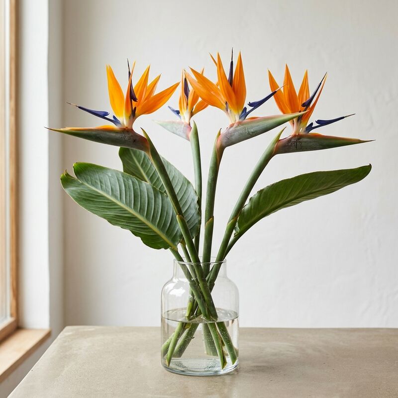 Oiseau de paradis (Strelitzia reginae) dans un vase en verre