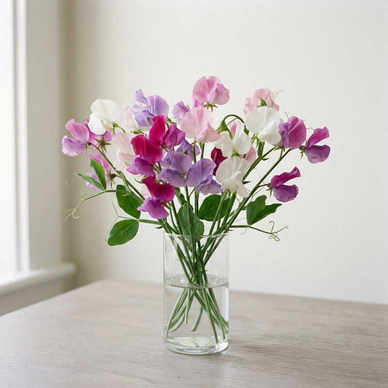 Schnittstiele von Duftwicke (Lathyrus odoratus) in einer Glasvase