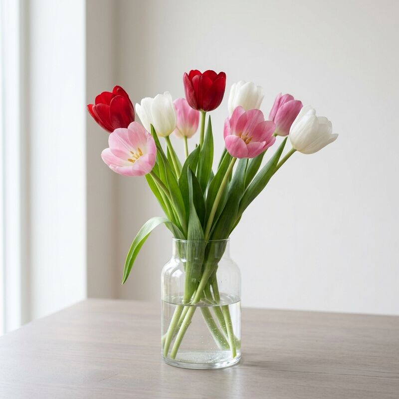 Steli recisi di Tulipano (Tulipa) in un vaso di vetro