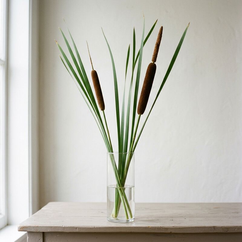 Schnittstiele von Rohrkolben (Typha angustifolia, T. orientalis) in einer Glasvase