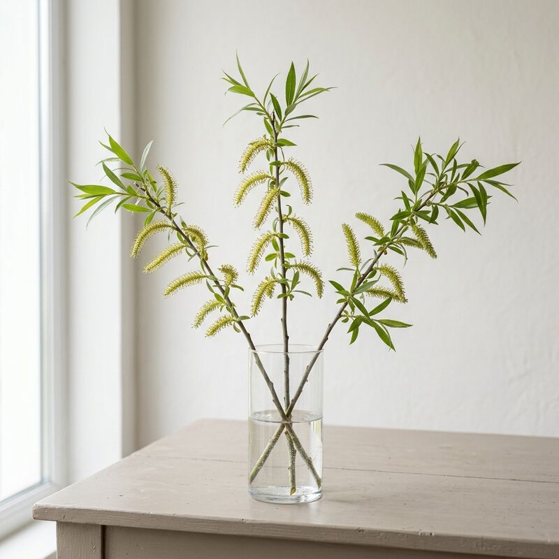 Schnittstiele von Weidenzweig (Salix babylonica, S. matsudana) in einer Glasvase
