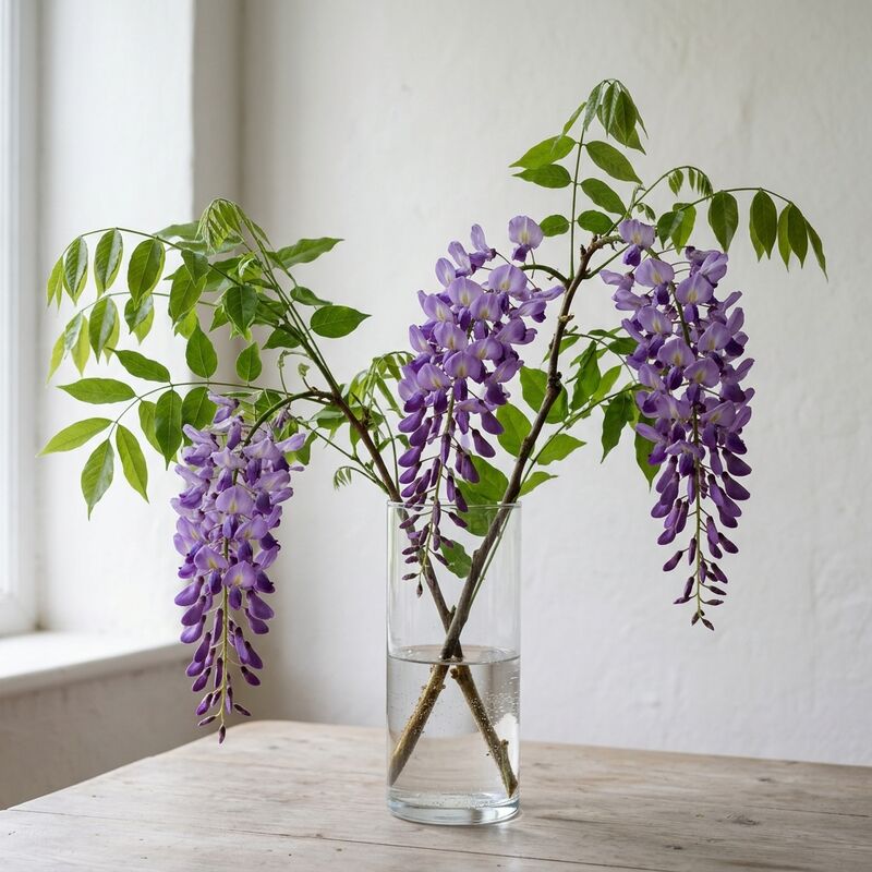 Schnittstiele von Blauregen (Wisteria) (Wisteria sinensis) in einer Glasvase